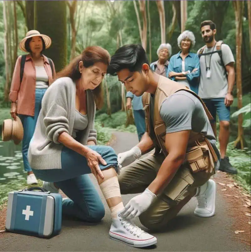 Tour guide providing first aid assistance to a guest, demonstrating safety protocol knowledge.