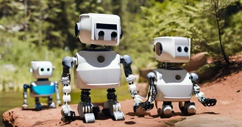 Three friendly, cartoonish robots of varying sizes posed outdoors in a wooded area.