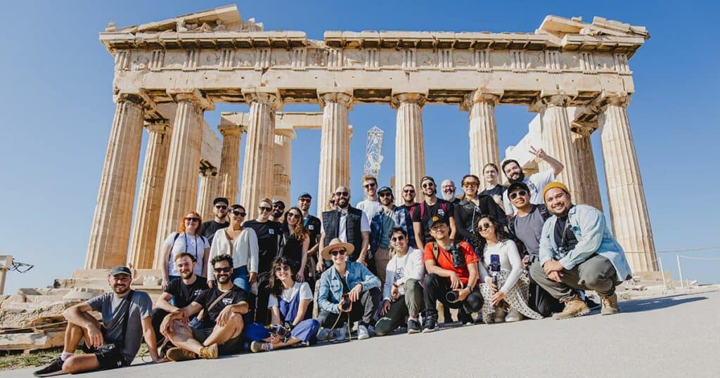 Tour group photo in front of the Parthenon ruins