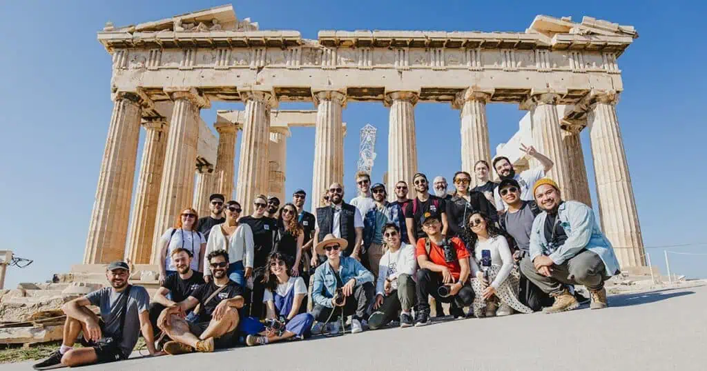 Tour group photo in front of the Parthenon ruins