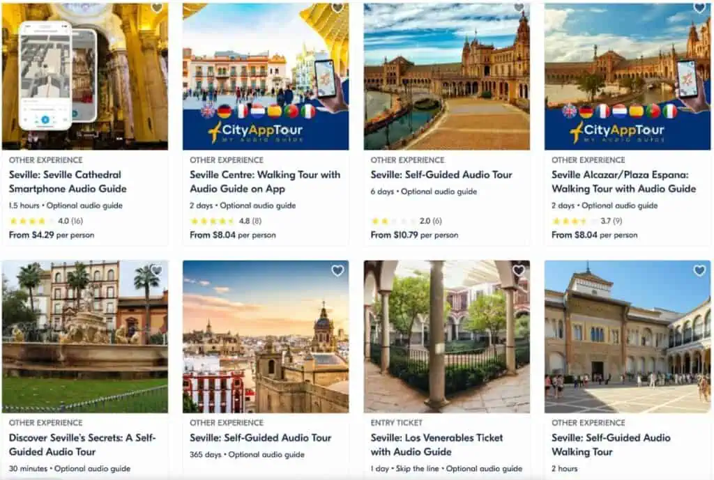 Grid of Seville audio tour options showing various attractions and experiences with prices and ratings.