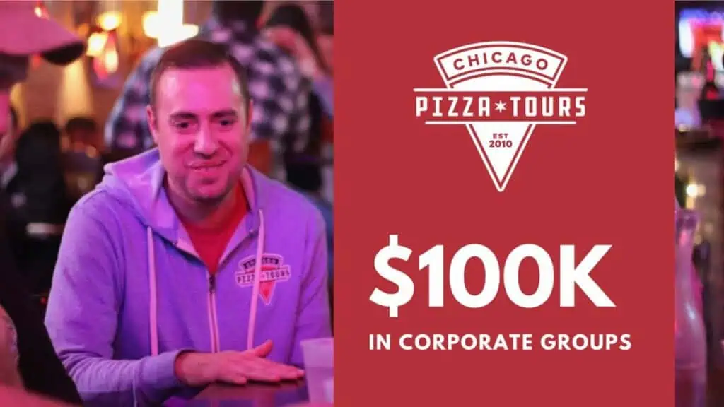 Promotional image for Chicago Pizza Tours showing a man in a purple hoodie and the company logo, highlighting $100K earned from corporate groups.