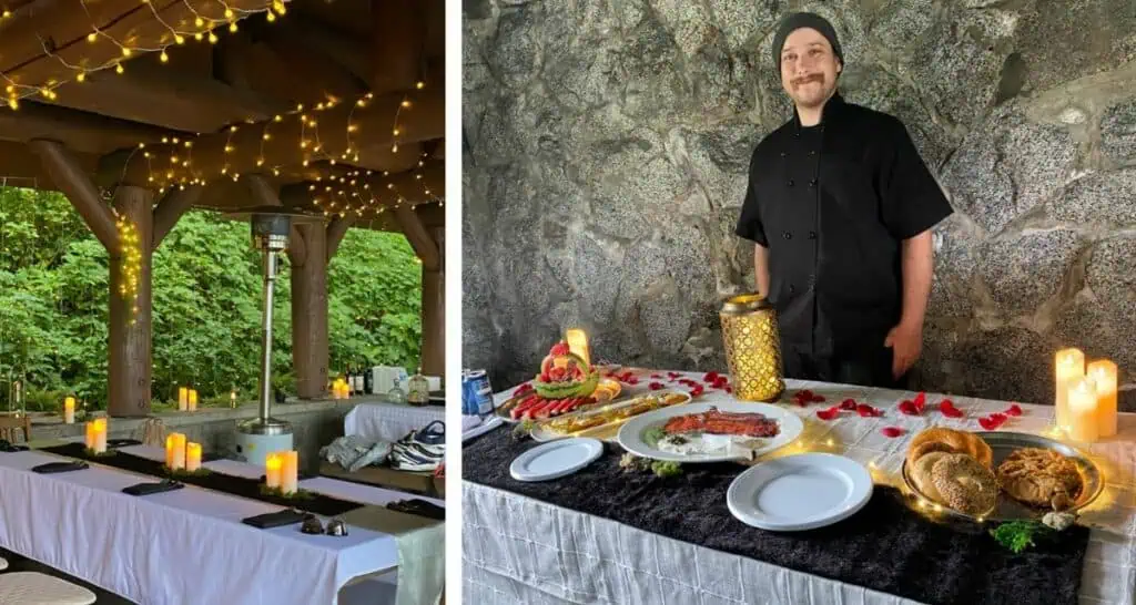 Split image showing an outdoor dining area with string lights on the left, and a chef in black uniform presenting a spread of food on the right.