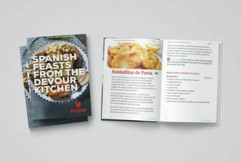 Cover of "Spanish Feasts from the Devour Kitchen" cookbook and an open page showing a recipe for Soldaditos de Pavia.