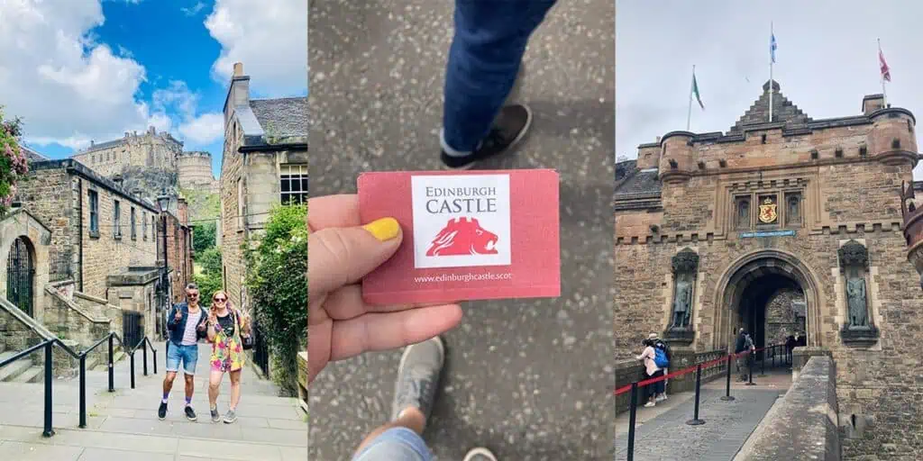 Collage of Edinburgh Castle scenes - tourists on street, entry ticket, and castle entrance.