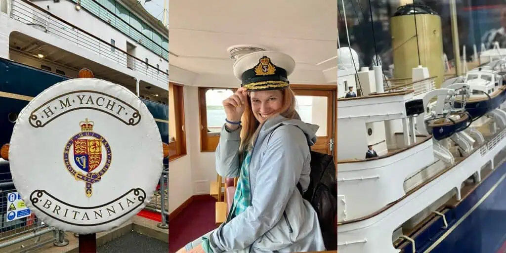 Collage showing Royal Yacht Britannia logo, woman in captain's hat, and model ship.