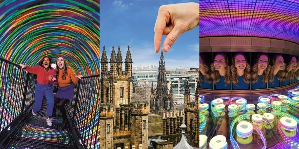 Collage of colorful illusion attractions and Edinburgh cityscape.