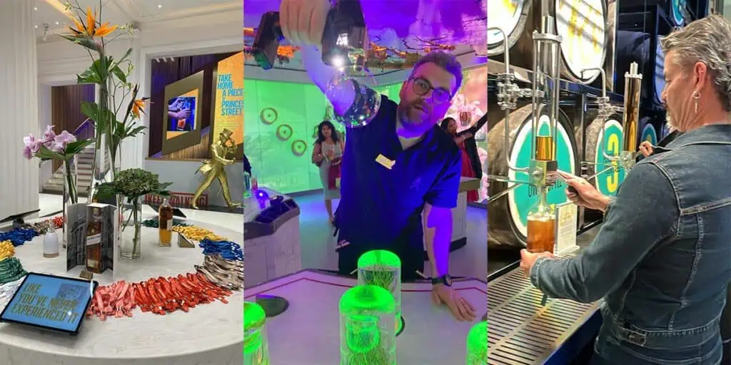 Collage showing interactive exhibits with drinks and science demonstrations.