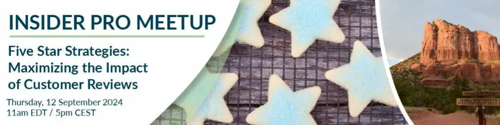 Banner for Insider Pro Meetup event the 12 September 2024 on customer reviews strategies, featuring star-shaped cookies and desert landscape