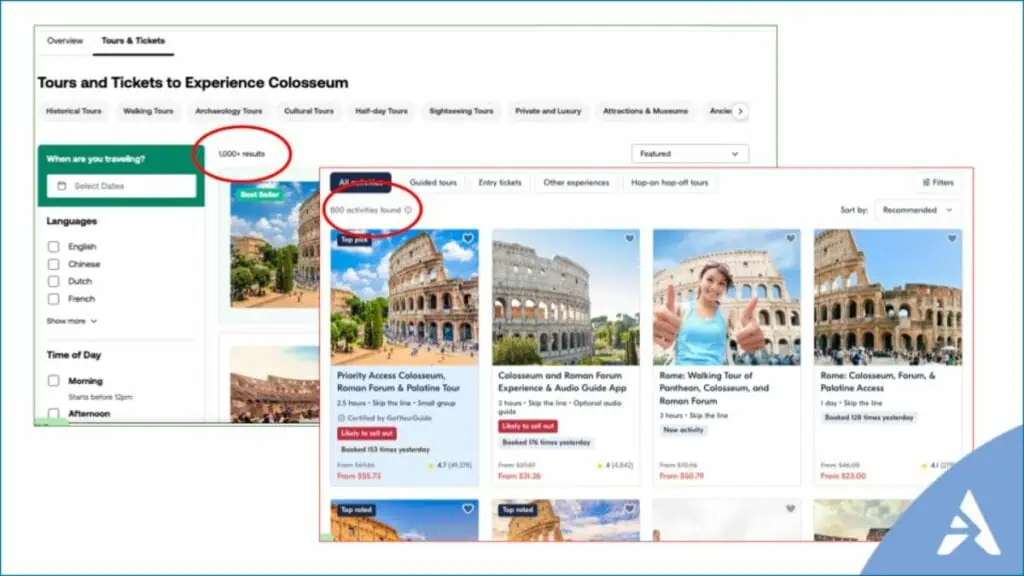 A screenshot of the GetYourGuide website, featuring various Colosseum tour and ticket options, including guided tours, audio guides, and more.