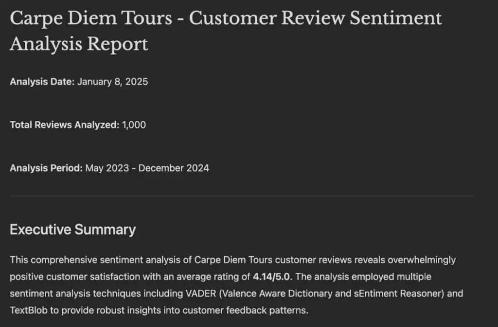 Report header for "Carpe Diem Tours - Customer Review Sentiment Analysis Report" dated January 8, 2025