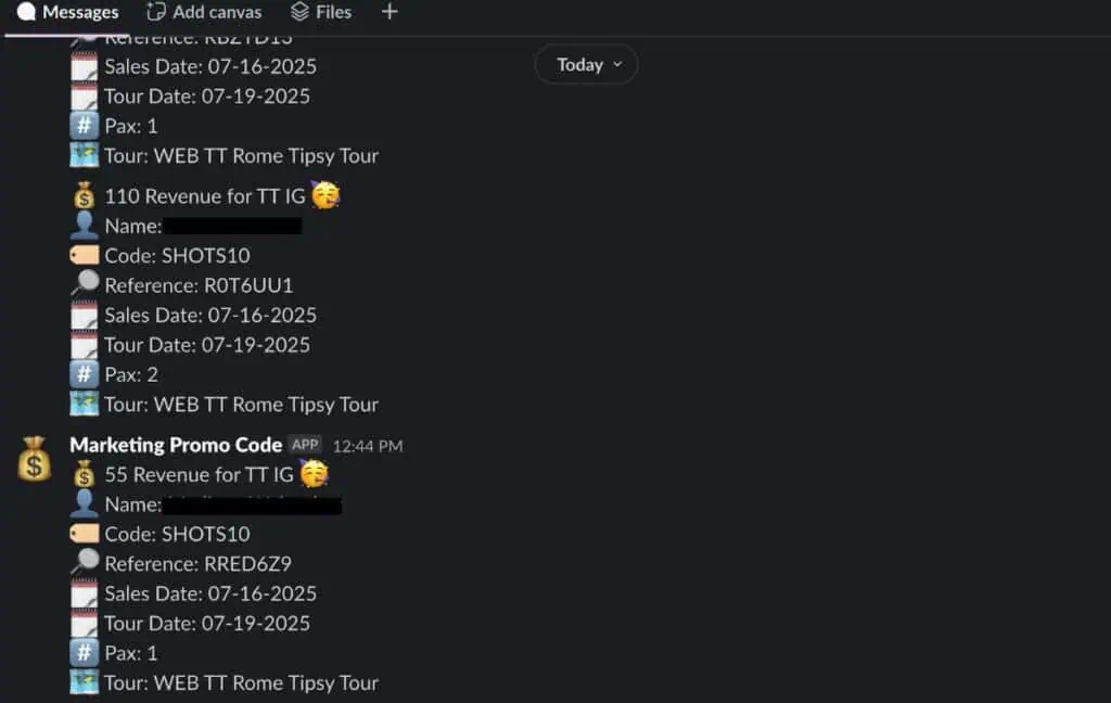 Chat interface showing tour booking details with revenue amounts, dates, and reference codes for Rome tours