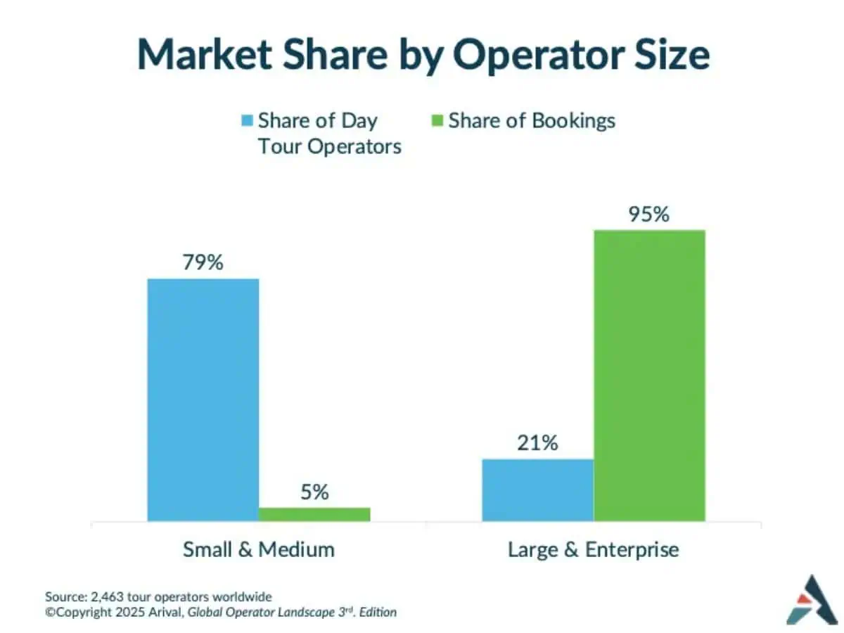 Large operators capture 95% of bookings despite representing only 21% of day tour operators. Small and medium operators comprise 79% but hold just 5% of bookings.