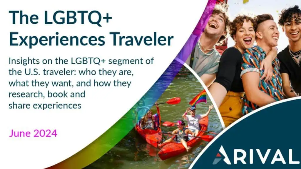 Cover image for Arival Travel's research report titled "The LGBTQ+ Experiences Traveler" showing a group of diverse friends laughing and having fun on a boat ride, celebrating LGBTQ+ travel experiences across the U.S.