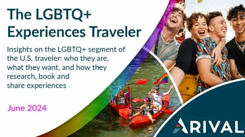 Cover image for Arival Travel's research report titled "The LGBTQ+ Experiences Traveler" showing a group of diverse friends laughing and having fun on a boat ride, celebrating LGBTQ+ travel experiences across the U.S.