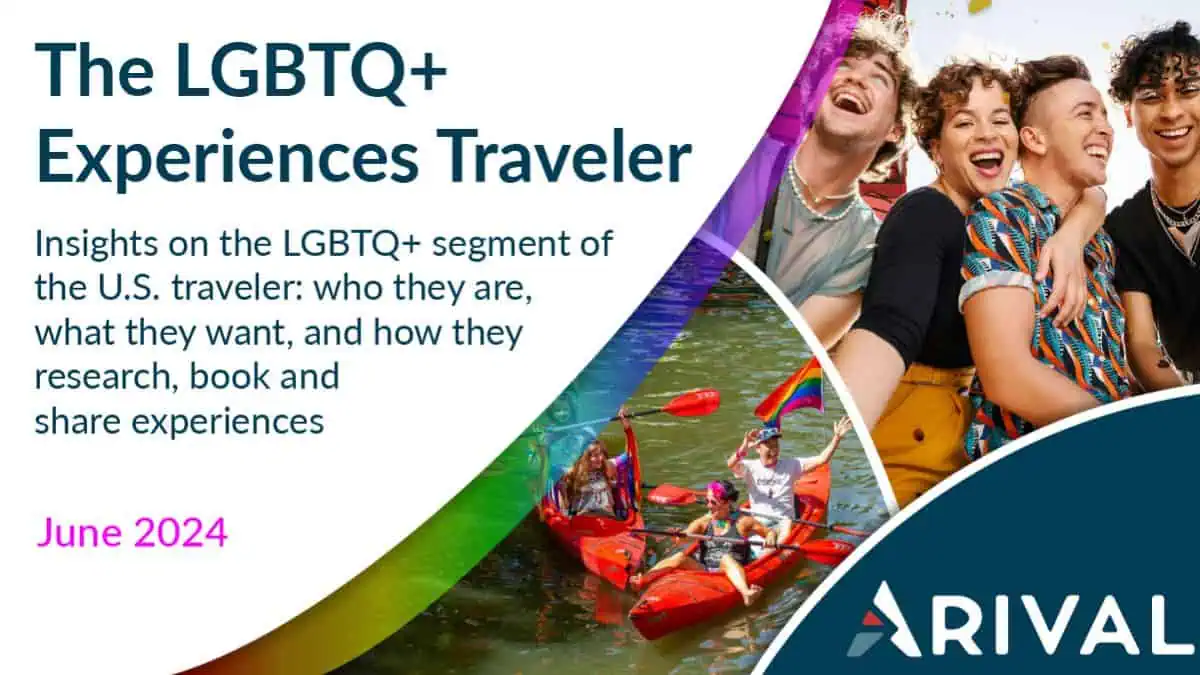 Cover image for Arival Travel's research report titled "The LGBTQ+ Experiences Traveler" showing a group of diverse friends laughing and having fun on a boat ride, celebrating LGBTQ+ travel experiences across the U.S.